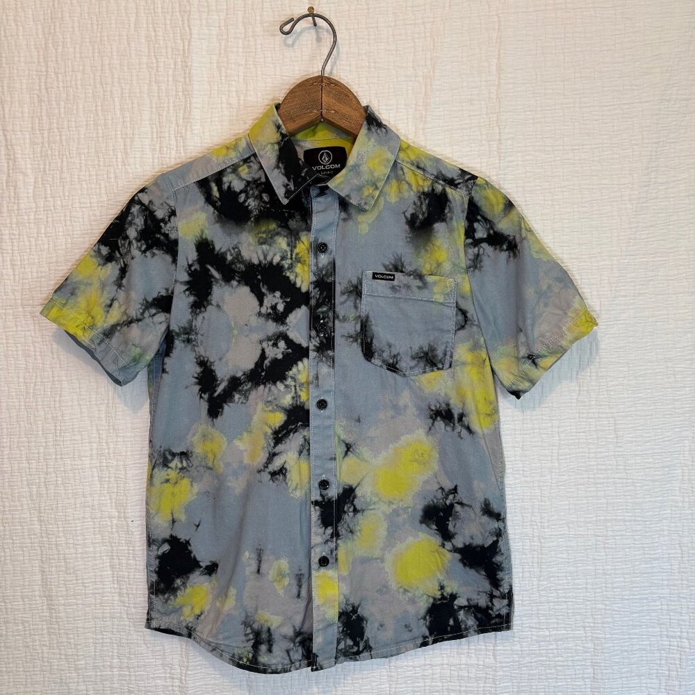 Volcom Saturate Short Sleeve Shirt Lime Tie Dye Blue Boys 8